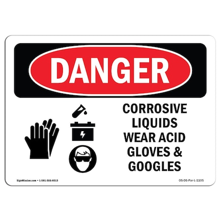 OSHA Danger, Corrosive Liquids Wear Acid Gloves And Goggles, 24in X 18in Aluminum